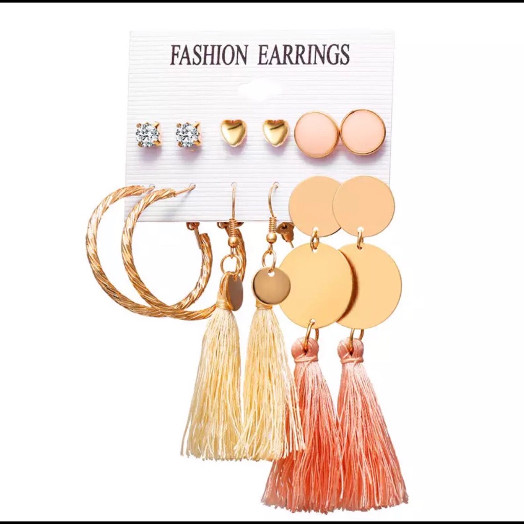 Tassel Fashion Earring 6 Pair Set Stud Heart Hoops